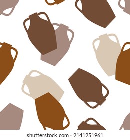 Seamless vector pattern of clay jugs on a white background. Greek amphora pattern. Vector illustration