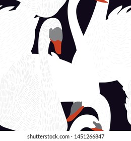Seamless vector pattern with clear white swans with dark black background.