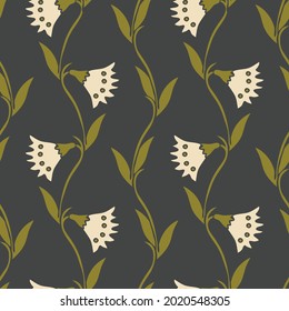 Seamless vector pattern with climbing flowers on grey background. Simple romantic vintage floral wallpaper design. Decorative wallflower fashion textile.