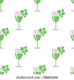 Seamless vector pattern with closeup wineglasses with  white wine, and bunches of grape on the grey background. Series of Food and Drink Seamless Patterns.