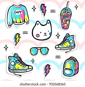 Seamless vector pattern with cloth elements on wavy white background. Cute turquoise  icons of backpack, sweater, sneaker, sunglasses, cocktail, cat, etc. 