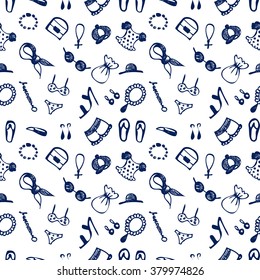 Seamless vector pattern with clothes and accessory. Hand sketch drawing. Imitation of ink penciling. Series of Hand Drawn and Fashion Patterns.