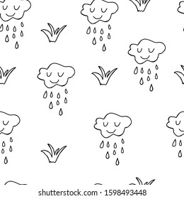 Seamless vector pattern of cloud and grass. it rains on the bushes of grass. Cartoon kids style with eyes and smile. Child spring and autumn style. Good Background for print.