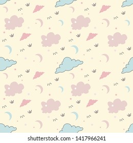 seamless vector pattern with clouds, moons and eyes in delicate colors