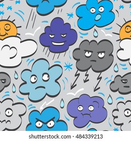 Seamless vector pattern with clouds. Overcast sky with clouds. Rainy weather and low temperatures. Funny doodle pattern with rain clouds.