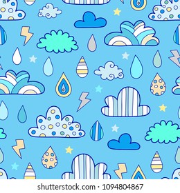 Seamless vector pattern with the clouds, rain drops and lightning. Cute design for children.