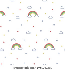 Seamless vector pattern with clouds, rainbows and stars