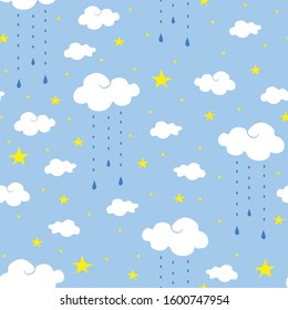 Seamless vector pattern with clouds and stars on blue background. Simple baby shower wallpaper design with sky.