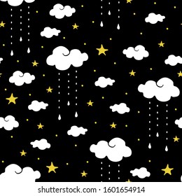Seamless vector pattern with clouds and stars on black background. Simple wallpaper design dream like night sky. Ideal for kids bedroom decoration.