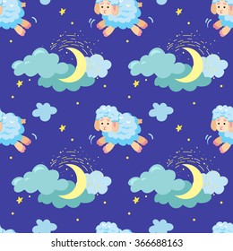 Seamless vector pattern with clouds, stars, moon and lamb. 