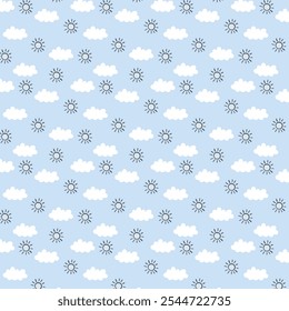 Seamless vector pattern with clouds and sun images. Trendy baby texture for wrapping clothes, wallpaper, textile fabric, scrapbooking, vinyl stickers, screen printing, printable decoration