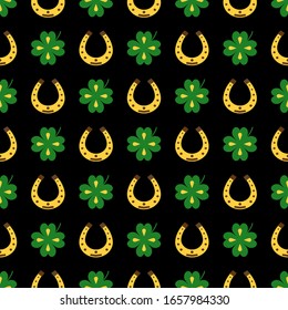 Seamless vector pattern with clover leaves, shamrock and Horseshoe.Seamless backdrop for St. Patrick's Day. Spring background for greetings card, decor, packaging design and more.