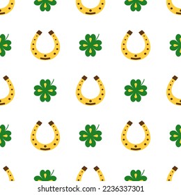 Seamless vector pattern with clover leaves and Horseshoe. The holidays backdrop for St. Patrick's Day. Colorful elements on white. Background for greeting cards, decoration, packaging design, and web.