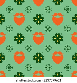 Seamless vector pattern with clover leaves, beards and mustaches. The St. Patrick's Day holidays backdrop. Colorful elements and outlines on the green. Background for decoration, packaging, and web.