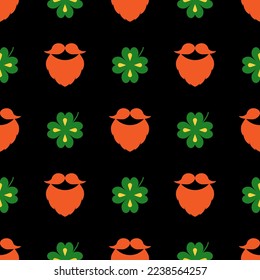 Seamless vector pattern with clover leaves, beards and mustaches. The St. Patrick's Day holidays backdrop. Colorful elements on the black. Background for cards, decoration, packaging design, and web.