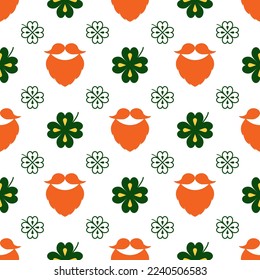 Seamless vector pattern with clover leaves, beards and mustaches. The St. Patrick's Day holidays backdrop. Colorful elements and outlines on the white. Background for decoration, packaging, and web.