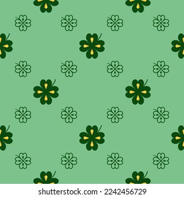 Seamless vector pattern with clover leaves. The holidays backdrop for St. Patrick's Day. Colorful elements on the green. Festive background for greeting cards, decoration, packaging design, and web.