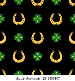 Seamless vector pattern with clover leaves and Horseshoe. The holidays backdrop for St. Patrick's Day. Colorful elements on black. Background for greeting cards, decoration, packaging design, and web.