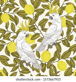 Seamless vector pattern with cockatoo and lemon branches. Background with parrots and lemons for surface design