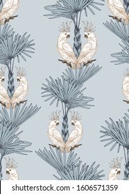 
Seamless vector pattern with cockatoo parrots on a palm tree