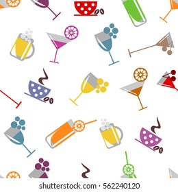 Seamless vector pattern with cocktail, glass, wine glass, beer glass, fruits on the white background. Series of Food and Drink Seamless Patterns