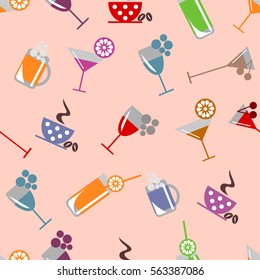 Seamless vector pattern with cocktail, glass, wine glass, beer glass, fruits on the pink background. Series of Food and Drink Seamless Patterns