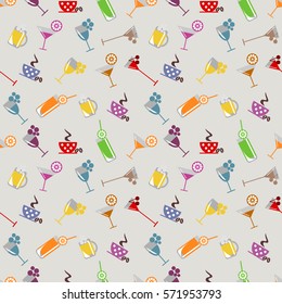 Seamless vector pattern with cocktail, glass, wine glass, beer glass, fruits on the yellow background. Series of Food and Drink Seamless Patterns.