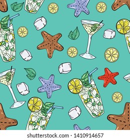 Seamless vector pattern with cocktail, lemon slice, ice and  
starfish on green background. Good for printing. Wallpaper, fabric and textile design. Cute wrapping paper pattern 