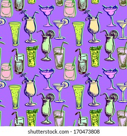 seamless vector pattern with cocktails, hand drawn vintage illustration, party ornament