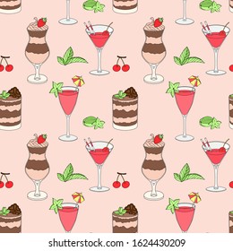 seamless vector pattern with cocktails and ice cream. Colored Element Pattern with stroke on light background. for design of dessert menu, cocktail card, wrapping paper. Elements are hand-drawn