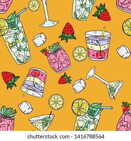 Seamless vector pattern with cocktails, mojito, margarita, martini and cosmopolitan on orange background. Wallpaper, fabric and textile design. Good for printing. Cute wrapping paper pattern.