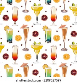 Seamless vector pattern with cocktails, mojito, margarita, martini and cosmopolitan on orange background. Wallpaper, fabric and textile design. Good for printing. Cute wrapping paper pattern.