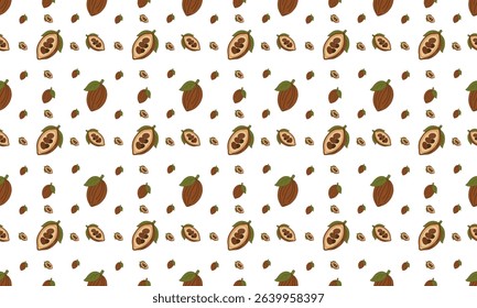 Seamless vector pattern of cocoa beans on transparent background.