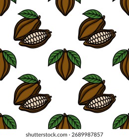 Padrão de vetor sem costura de casulos de cacau com feijões expostos e folhas verdes, renderizado em um estilo encantador, desenhado à mão em um fundo branco.