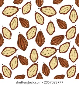 Seamless vector pattern with Cocoa seeds In cartoon style cute design Modern bright colors for paper covers. interior fabrics, backgrounds, and other users.