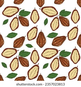 Seamless vector pattern with Cocoa seeds and leaves fresh cocoa In cartoon style cute design Modern bright colors for paper covers. interior fabrics, backgrounds, and other users.