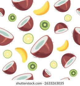 Seamless Vector Pattern with Coconut, Kiwi, Banana, and Lime in Various Sizes on White Background – Fresh Tropical Fruit Design for Summer Projects, Packaging, Fabric, and Holiday Decor