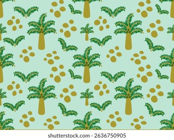 Seamless vector pattern of coconut trees with green leaves elements and coconuts and natural summer design.