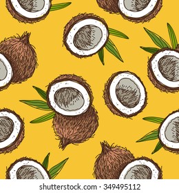 Seamless vector pattern of coconuts on a yellow background, painted by hand. Island coconut pattern. Tropical print.