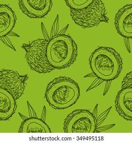 Seamless vector pattern of coconuts on a green background, painted by hand.