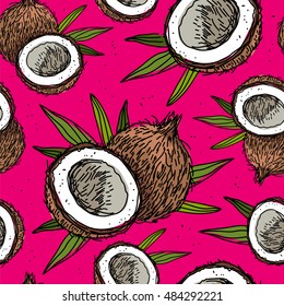Seamless vector pattern of coconuts on a pink background. Wrapping paper. Beautiful background for your design. Sweet and healthy tropical fruit nut.