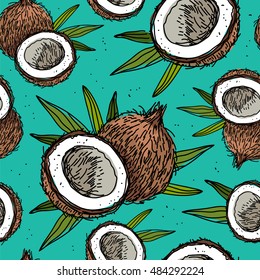 Seamless vector pattern of coconuts on a blue background. Wrapping paper. Beautiful background for your design. Sweet and healthy tropical fruit nut.