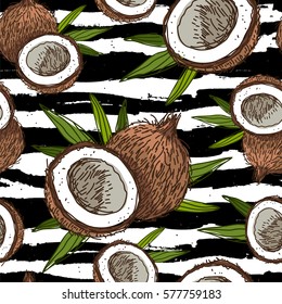 Seamless vector pattern of coconuts on a striped black and white. Paradise fruit. Summertime concept. Wrapping paper