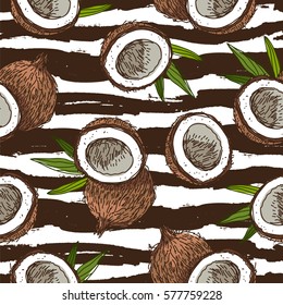 Seamless vector pattern of coconuts on a striped black and white. Paradise fruit. Summertime concept. Wrapping paper.