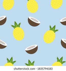 Seamless vector pattern with coconuts and pineapples, bright tropical background