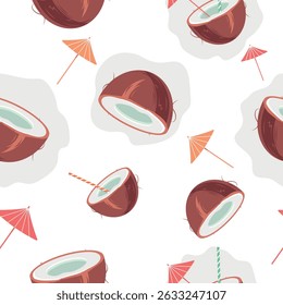 Seamless Vector Pattern with Coconuts and Tropical Coconut Cocktails on White Background – Summer Holiday Design for Party Decor, Fabric, Packaging, and Seasonal Projects