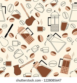 Seamless vector pattern. Coffee accessories and coffee beans are distributed in the circle. Background for registration of coffee products and coffee shops.