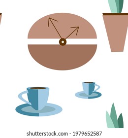 A seamless vector pattern with a coffee bean clock, coffee cups, and a pot of green leaves. For wallpaper, gift wrapping, web page backgrounds, and surface textures.