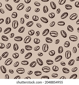 seamless vector pattern with coffee beans, sketch. background in warm brown tones