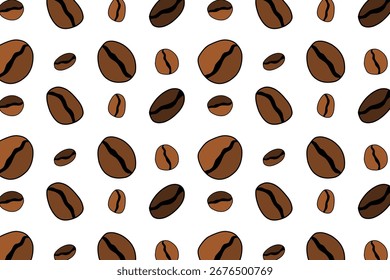 Seamless vector pattern of coffee beans in brown shades. Hand-drawn roasted coffee bean illustration, perfect for café design, packaging, wallpaper, textile, and coffee-themed projects